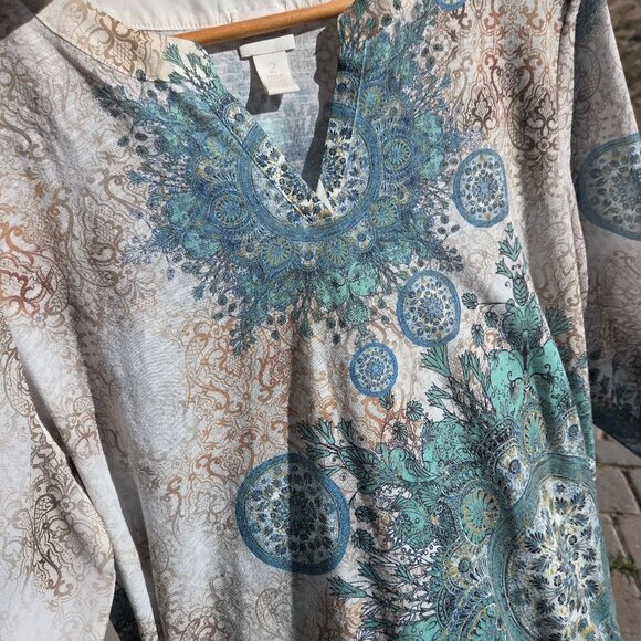 Chico's Sz 2 Assymetric Hi-Lo 3/4 Sleeve Mandala Pattern Boho Blouse - Picture 10 of 10